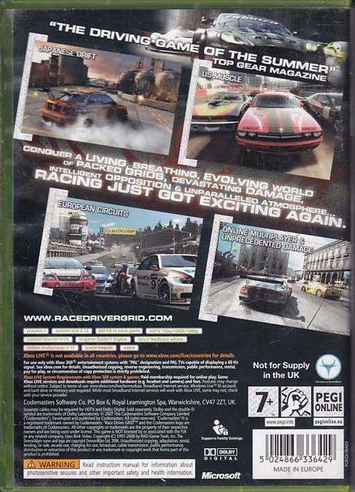 Racedriver Grid - XBOX 360 (B Grade) (Genbrug)